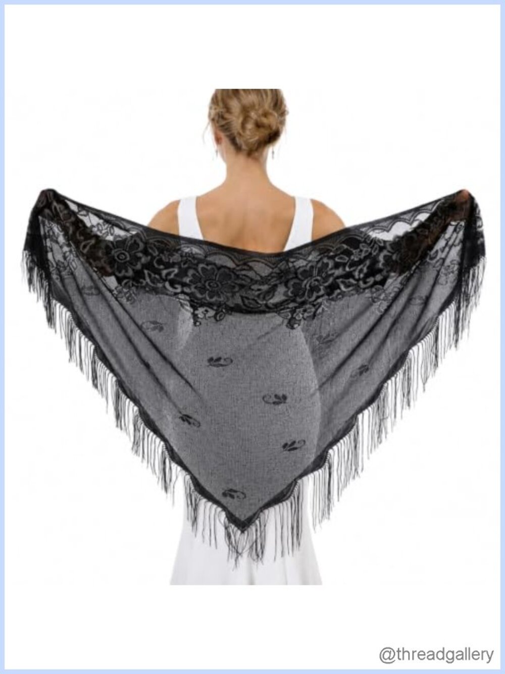 Black Lace Triangle Shawl Wrap with Tassels for Women